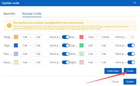 Key-value mapping guide, step 2 screenshot: In Update node, open the Keymap Config tab. If the keymap has not been configured for the node, click Create.