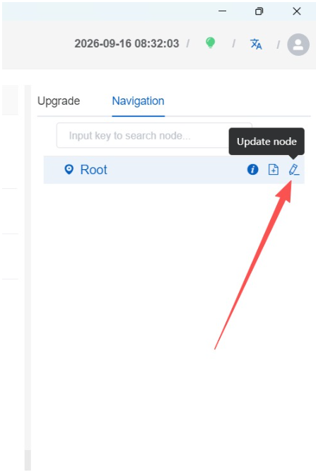 Key-value mapping guide, step 1 screenshot: In Device Manage, open the Navigation tab, then click the edit icon on the Root node to open Update node.