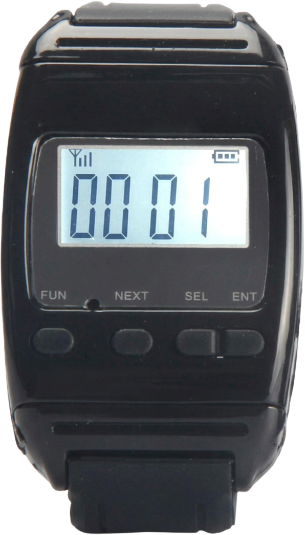 BellMe B-650 wireless Wristwatch Receiver showing 0001 on its four-digit display