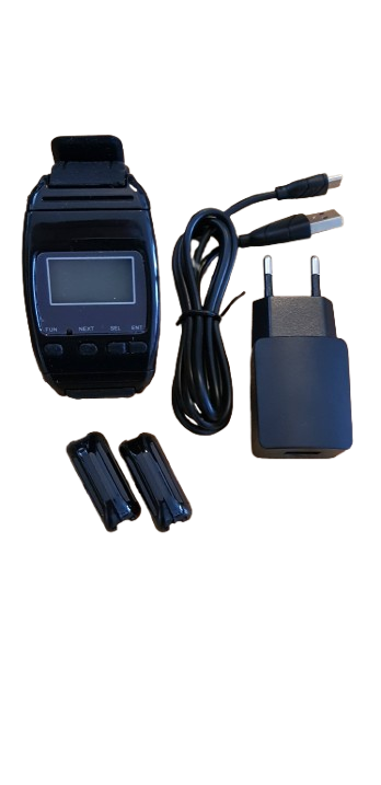 BellMe B-650 Wristwatch with its Micro-USB charging cable, plug charger and lanyard adapters
