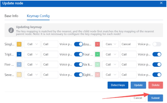 Key-value mapping guide, step 3 screenshot: Set or update the key mapping, click Update, then click Submit to save the keymap for the node.